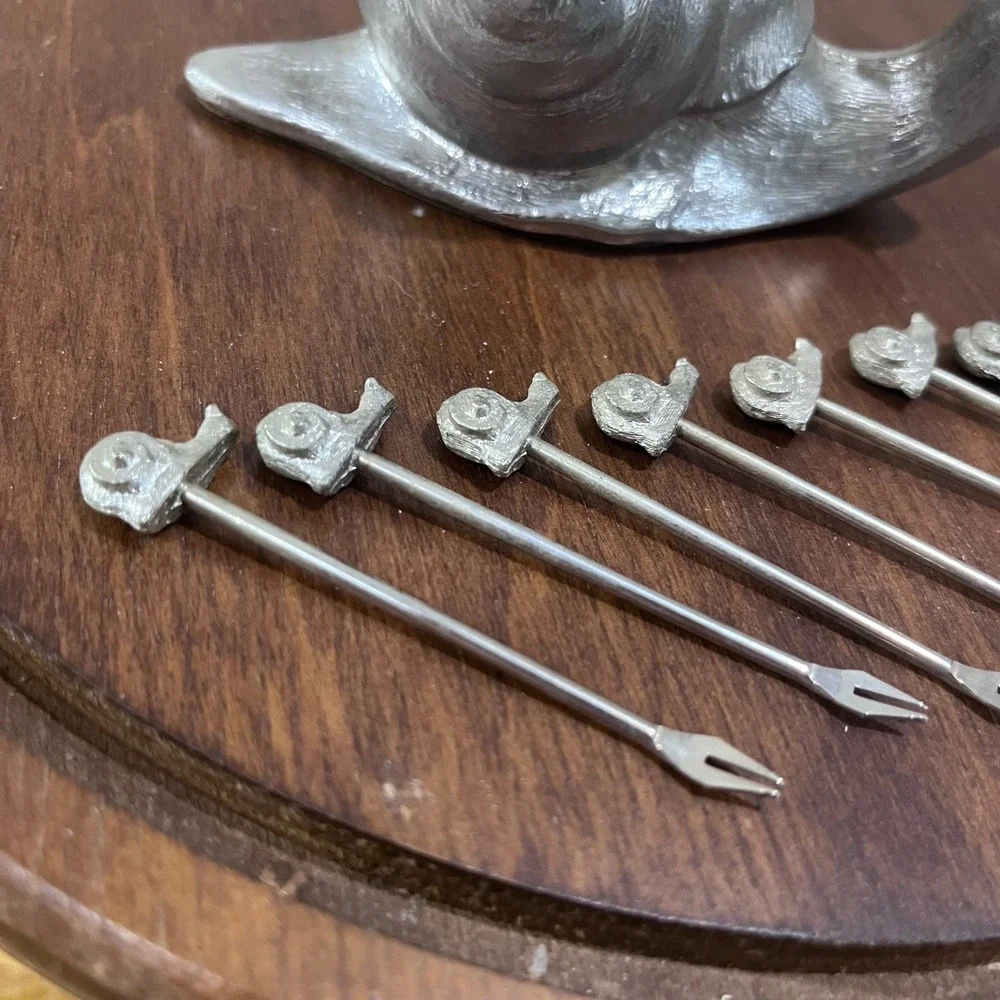 Vtg Silver Metal Snail Cocktail Pick Set 8‎ Piece Appetizer Forks Cottagecore